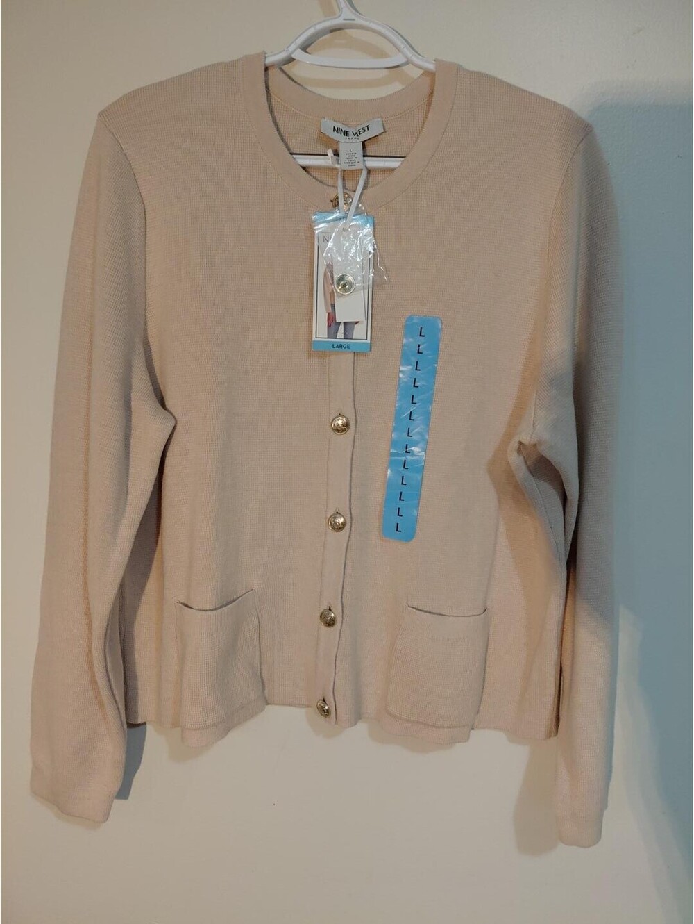 Nine West Women's Beige Button-Up Cardigan Sweater Size Large with Gold Buttons